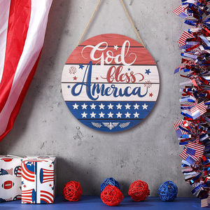 Spot wooden cross-border Independence Day US hanging <b>wall</b> <b>decoration</b> patriotic welcome door sign round red, white and blue - Product Image 1