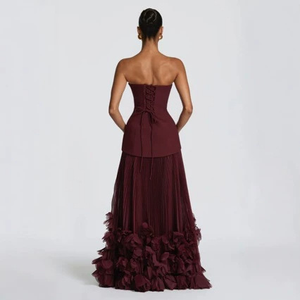 OUDINA - Vestido Largo <span class=keywords><strong>de</strong></span> Fiesta con Hombros Descubiertos, sin Tirantes, con Flores 3D, <span class=keywords><strong>de</strong></span> Malla, para Banquetes y Eventos Nocturnos - Product Image 3