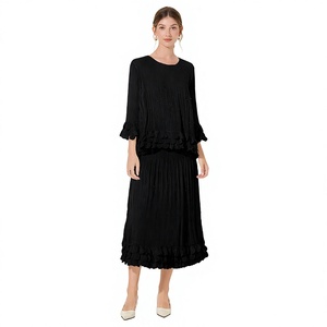 Ensemble 2 pièces décontracté tissé uni Hiver 2025 pour femme – Haut col en V à manches longues coupe classique et jupe midi en polyester/coton peigné - Product Image 4
