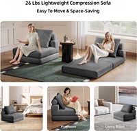 Canapé-lit carré individuel 3-en-1 convertible, chaise pliante avec revêtement en velours côtelé, mousse haute densité, dossier sans armature, pour villa