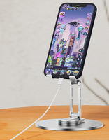 Nouveauté : support de téléphone portable élégant avec base en bois, pivotant à 360°, réglable en hauteur, support universel pour tablette en aluminium