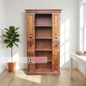 Bibliothèque moderne en bois avec 5 étagères, armoire à chaussures artisanale à 4 tiroirs et 4 portes, pour la maison et la ferme - Product Image 1