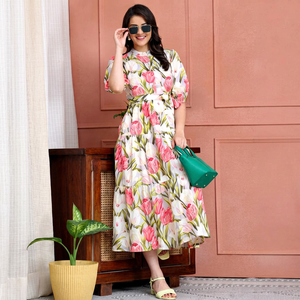 Vestido Midi de Algodón con Estampado Floral para Mujer, Corte Holgado, Estilo Casual de Primavera, Ropa Étnica de India y Pakistán, Impresión Digital, Elástico - Product Image 1