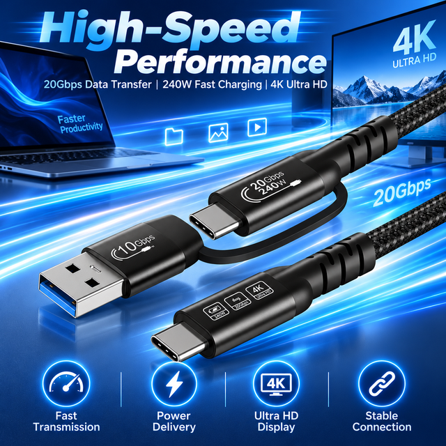 2-in-1 USB C Data Cable USB3.2 Gen2 20Gbps Bandwidth PD 240W Fast Charge 4K Video Gold Plated Nylon/PVC Eco-Friendly Laptop SSD