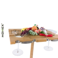 Table à vin pliable en bambou portable, table de service pour pique-nique en plein air avec porte-bouteilles et poteau de support central