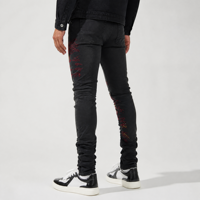 Jeans skinny pour hommes, denim noir délavé, broderie oiseau et nuage rouge, coupe slim, streetwear, vente en gros, personnalisation OEM ODM