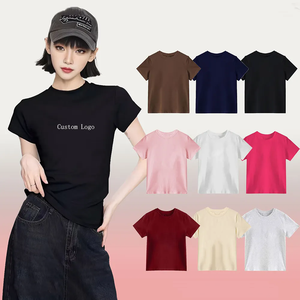 Kunden spezifisches Logo Drucken Rundhals ausschnitt Einfarbig Luxus Kurzarm T-Shirts Hochwertige Frau Crop Cotton Shirt für Frauen - Product Image 1