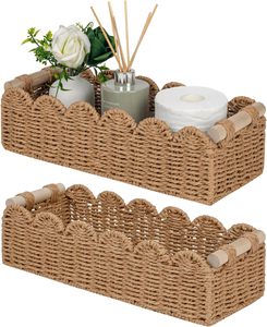 Handmade Scalloped Edge Paper <strong>Rope</strong> Storage <strong>Basket</strong> with Wooden Handles Boho Rectangular Bathroom Toilet Paper Organizer Bin - Product Image 1