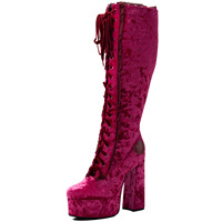 Bottes hautes pour femme, grande taille 47, à talons épais et plateforme, avec bordure en dentelle, en velours doux, à bout rond, montantes jusqu'au genou