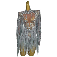 Designer voir à travers les manches gland femmes maille une pièce combinaisons DS danse justaucorps spectacle Performance Costume strass body