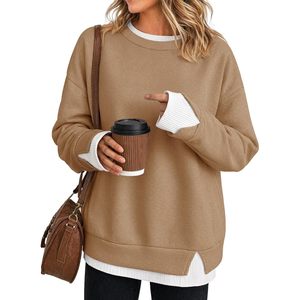 Custom Women Crewneck Sweatshirt Long Sleeve Loose Fit Fall Pullover Side Slits Faux <b>Layered</b> <b>Top</b> - Product Image 1