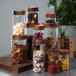 대형 투명 아카시아 나무 뚜껑 유리 저장 용기 나사형 입구 주방 밀폐 유리 용기 유리병 세트 - Product Image 2