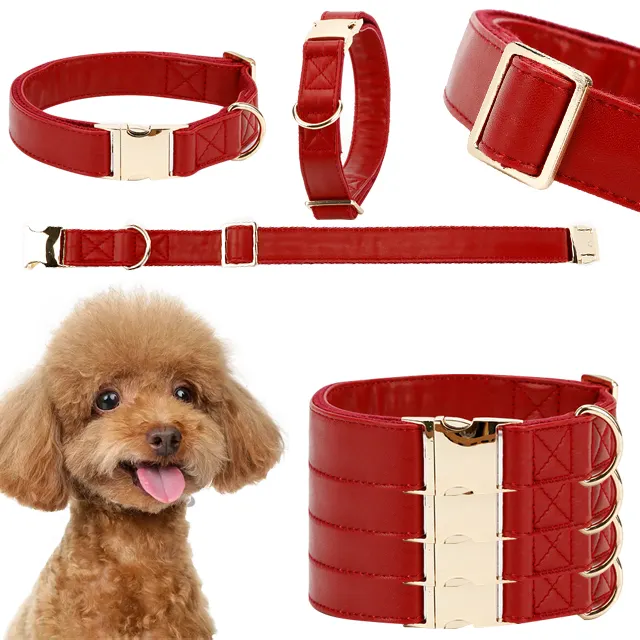 Luxury Red Dog Collar PU Leather Pet Collar Fashion Adjustable Pet Collar