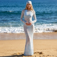 Robe de plage à col rond sexy pour femmes, robe en maille transparente, robe de soirée à pois, robe à manches longues