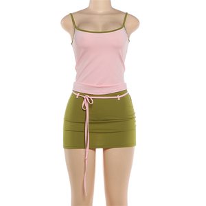 Color Blocking 2Piece <b>Set</b> Women LowNeck Backless Skinny Camisoleand Bandage Skirt Sweet Summer - Product Image 4