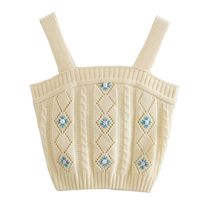 2024 femmes été tricoté <span class=keywords><strong>gilet</strong></span> Cool mode <span class=keywords><strong>sans</strong></span> manches pull brodé fleur conception personnalisable - Product Image 1