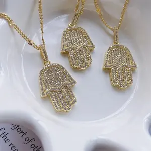 Pingente de mão de zircônia cúbica 18k, joia personalizada, pingente de mão hamsa banhado a ouro cz olhos