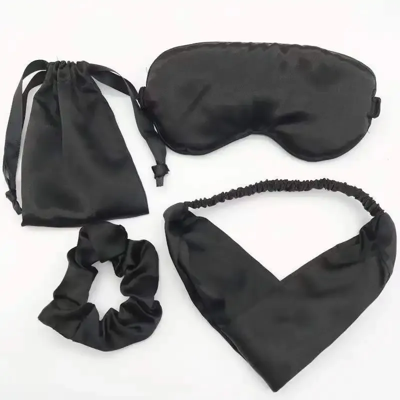 Adjustable Wholesale Gift 4 Pieces Satin Sleeping Eye Mask Silk Eyemask Set With Pouch