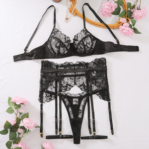 Hot Selling Cross-Border European and American Lace Embroidery Lingerie Sexy <b>Perspective</b> Gathering Slim Fit Four Piece Set - Product Image 5