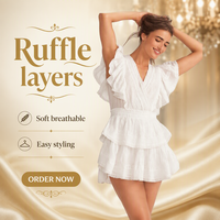 Nouvelle Arrivée 5666 2026 Robe Courte Décontractée Blanche à Col en V et Manches Courtes, Style Bohème Chic Vintage, Volants Superposés, Tissée Teinte Unie, pour l'Automne