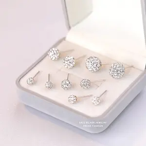 Classic Wholesale 925 Sterling Silver Fashion Jewelry Ball Shape 4 Multi Sizes Rhinestone Stud Earrings For Ladies