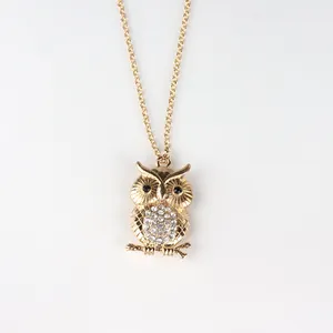 Women Crystal Glass Long Gold Chain Sweater Chain Rhinestone Acrylic Owl Animal Pendant Necklace