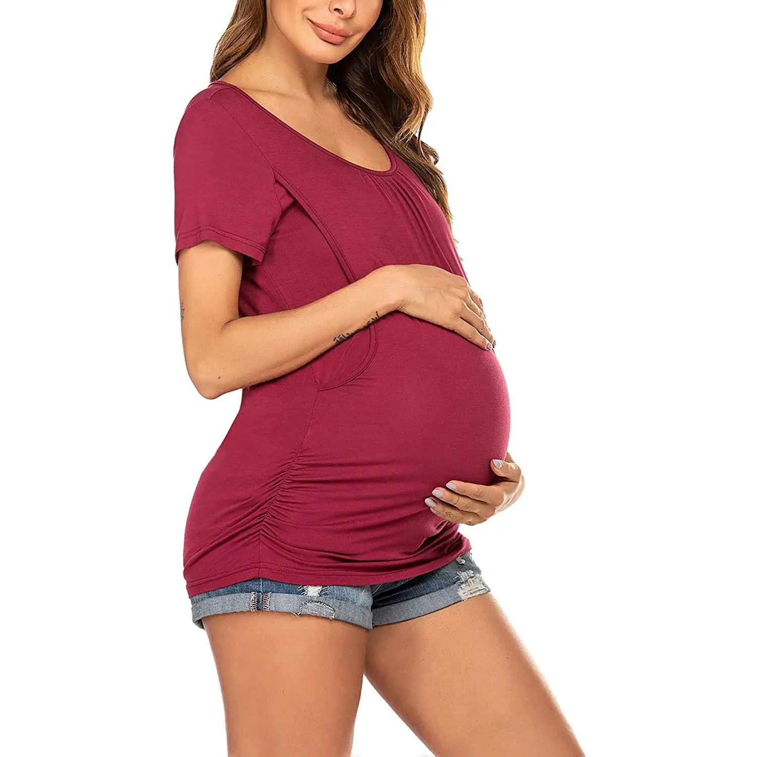 Wholesale summer short sleeve breastfeeding nursing clothes super soft maternity T-shirt for pregnant women