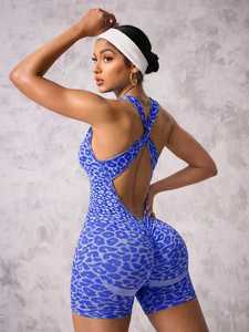 Combinaison <span class=keywords><strong>de</strong></span> <span class=keywords><strong>sport</strong></span> pour femme JINSI, imprimé léopard, bretelles croisées, short <span class=keywords><strong>de</strong></span> yoga, vêtements <span class=keywords><strong>de</strong></span> <span class=keywords><strong>sport</strong></span> ajustés, body à haute élasticité - Product Image 4