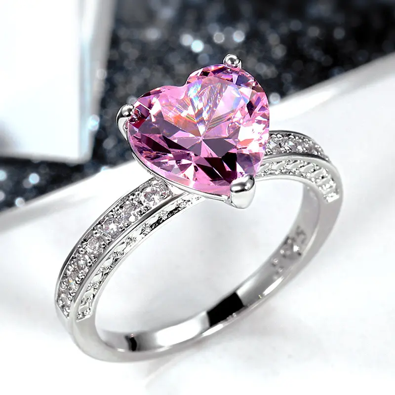 Set cincin pernikahan modis dengan cincin zirkon berlian merah muda berbentuk hati untuk pernikahan wanita grosir N2301003