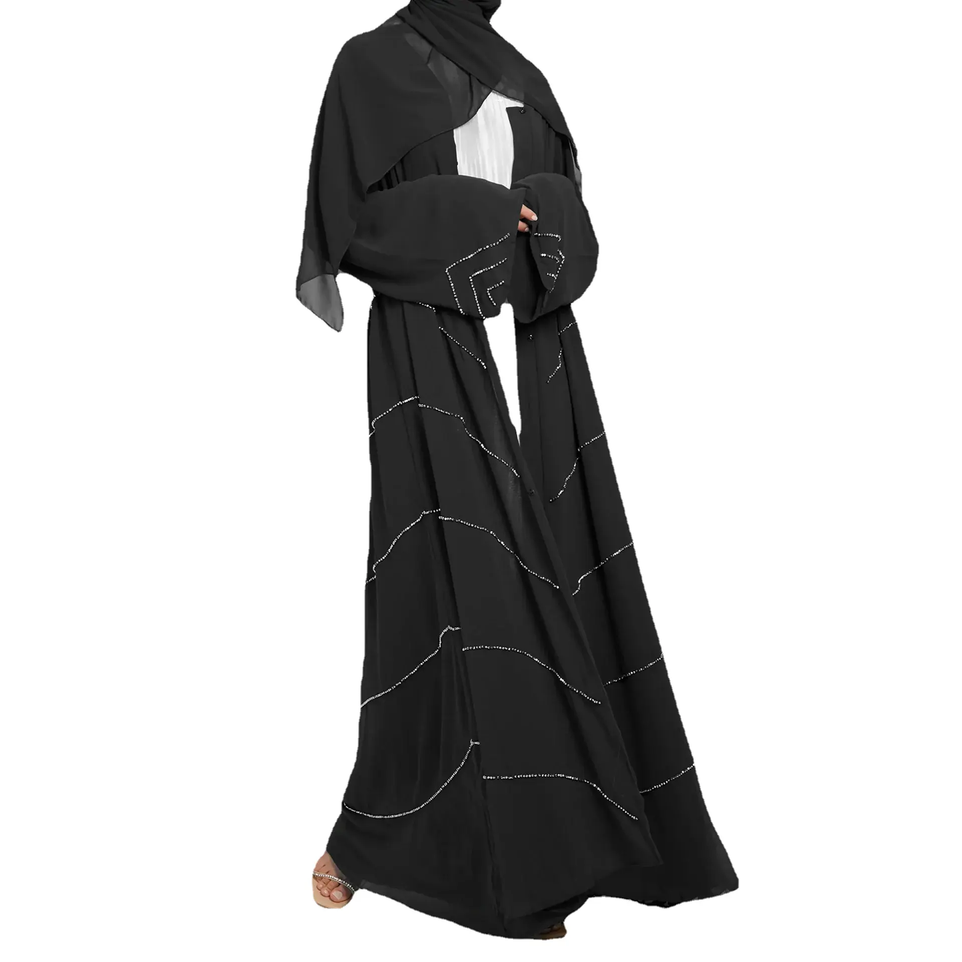 9168 Kralen Open Abaya Dubai Luxe Kalkoen Kimono Moslim Feest Jurk Effen Riem Voor Vrouwen Ramadan Eid Islam Kaftan Hijab Gewaad