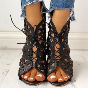 Sandales compensées à lacets pour femmes, à bout ouvert, ajourées, avec fermeture éclair arrière, style bottines d'été tendance - Product Image 1
