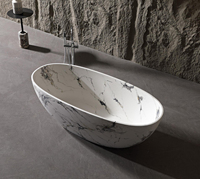Baignoire autoportante en pierre artificielle à veinage marbré vertical cannelé pour salle de bain de villa de luxe, baignoire ovale en surface solide