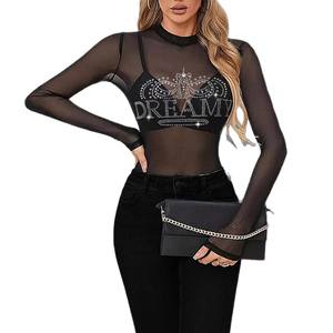 T-shirt europea corta e aderente in rete sexy con motivo a strass, top in pizzo elegante e grazioso per <span class=keywords><strong>l</strong></span>'esportazione transfrontaliera - Product Image 5