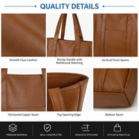 Sac fourre-tout en cuir PU texturé marron cognac, sac à main minimaliste à bandoulière avec poche avant, sac de transport quotidien en cuir végétalien