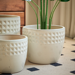 <b>Ceramic</b> <b>Flower</b> <b>Pot</b> Set Of 3 15 12 9 Inch White Diamond Pattern <b>For</b> Indoor Outdoor Use - Product Image 4
