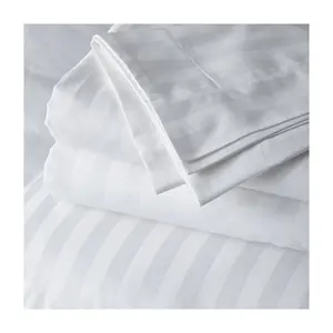 100% Polyester Embossed 1cm Satin White Stripe Hotel Quilt Bedsheet Fabric Hotel Bed Sheets
