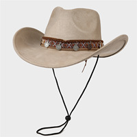 Chapeau de cowboy western en faux daim avec bande tissée ethnique, sangle de menton réglable, unisexe, vintage, pour l'extérieur, protection solaire