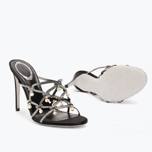 Sandalias de tacón alto y fino para mujer, con tiras cruzadas de diamantes, zapatos de verano con pedrería completa, mules de tacón de aguja con perlas. - Product Image 3