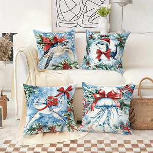 Bantal hiasan Natal berbentuk makhluk laut dengan pita merah dan hiasan holly untuk dekorasi liburan yang meriah - Product Image 2