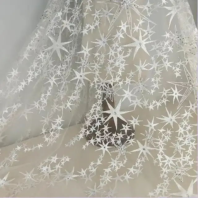 אופנה לבן רשת פוליאסטר rhinstone רשת חרוזים כוכב רקמה בד תחרה שמלת כלה כלה שמלות כלה אישה dressfsmf49