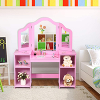 Coiffeuse 2 en 1 en bois, style princesse, coiffeuse, bureau de maquillage avec miroir et étagères de rangement, de couleur rose