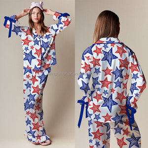 Día DE LA Independencia Red Stripe Blue Star All Over Print Manga larga Loose Fit Casual Pijama Set Mujeres - Product Image 6