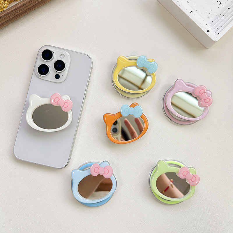 Cartoon <strong>Kitty</strong> Mirror Magnetic Phone Grip Stand , Retractable Phone Grip with Bow, Cute Cat Makeup Mirror Phone Socket