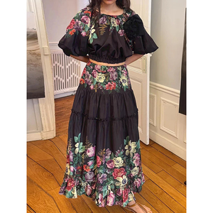 Women's French Sweet Waist-<b>Tie</b> 3D Floral Lantern Sleeve Top & A-Line Skirt 2-Piece <b>Set</b> - Product Image 1