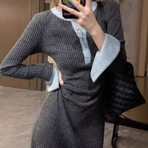 High Waisted Gray Long Sleeve Sweater Dress Round Neck A Line Contrast Color Solid Pattern Autumn Winter Women's Dress - Product Image 3