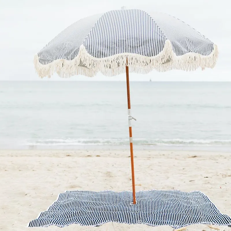 Высококачественный пляжный зонт в богемном стиле из стекловолокна 8k, деревянный пляжный зонт с бахромой и кисточками