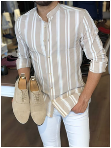 Conjunto de Camisa y Pantalón a Cuadros con Cuello Mandarín para Hombre, Tejido de Secado Rápido, Manga Larga, Casual, Cómodo y Moderno - Product Image 3