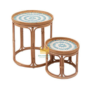 Mesa Auxiliar de Ratán con Superficie Incrustada de Nácar, Mesa de Centro Redonda de Mimbre y Ratán, Tamaño Personalizable, Muebles para Sala de Estar - Product Image 1