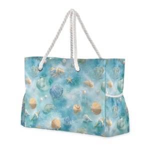Custom Print Logo Beach Bag Tote Bag Women Nylon Summer Blue Sea Shells Design Extra Large Weekender Bag with Rope Handle - Product Image 1