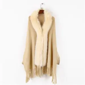 Women Imitation-Cashmere Shawl Scarf Lady Elegant Faux Fur Collar Capes Tassel Wraps Long Warm Wraps Cloak Poncho with Sleeve